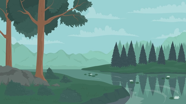 Vector forest scene river and summer trees nature scenery view wild green valley landscape