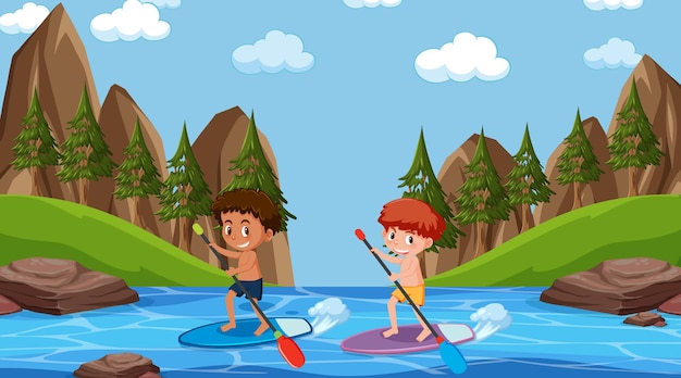 Forest scene with children on surfboard in the river