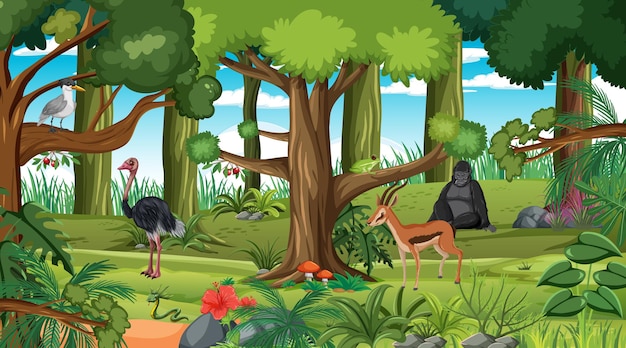 Forest scene with different wild animals