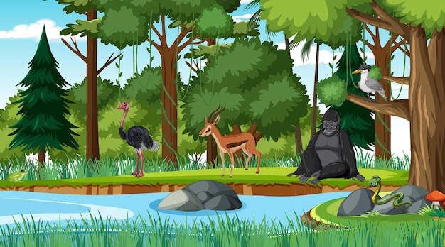 Scena della foresta con diversi animali selvatici