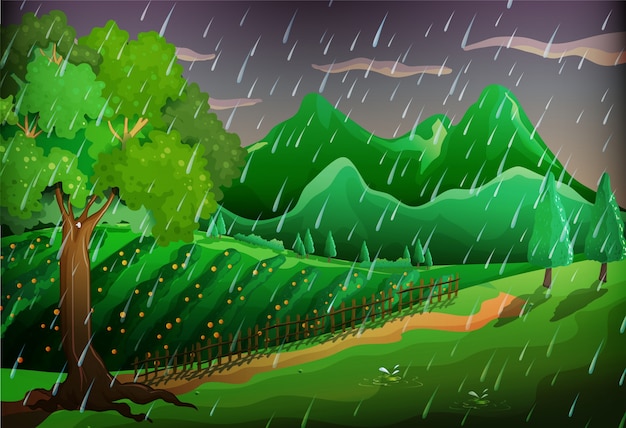 Vector forest scene with green trees and mountains