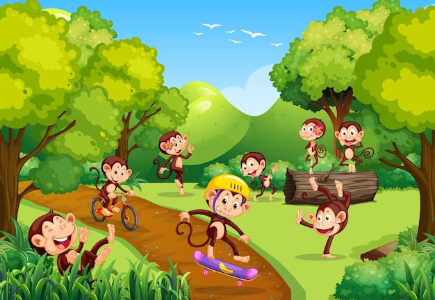 Vettore scena della foresta con scimmie che fanno diverse attività
