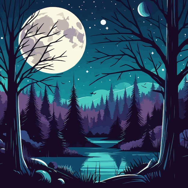 a forest scene with a moon and trees