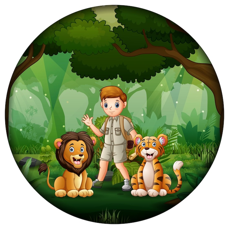 वेक्टर forest scene with safari boy and animals in circular frame