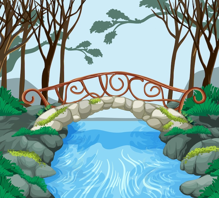 Vector forest scene with stone bridge cross the river