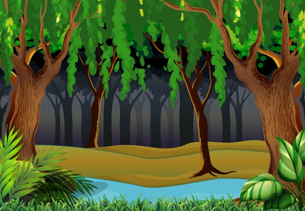 Vector forest scene with trees and river