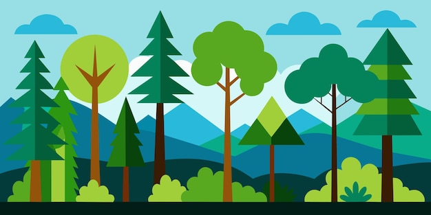 Forest Scene with Various Forest Trees Vector Illustration