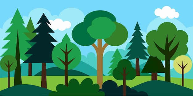 Forest Scene with Various Forest Trees Vector Illustration