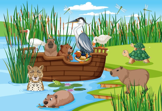 Vector forest scene with wild animals