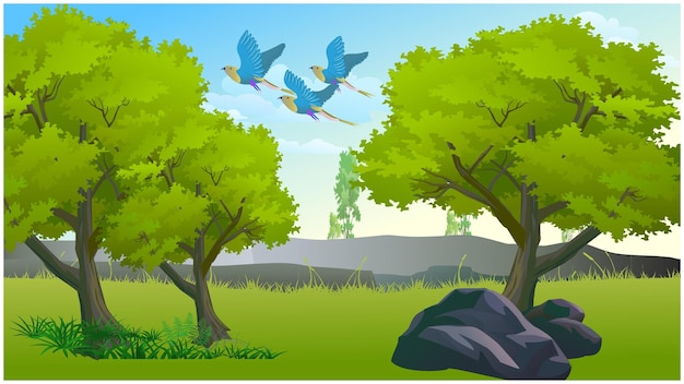 Forest scenery and some birds are flying in the sky for cartoon background.