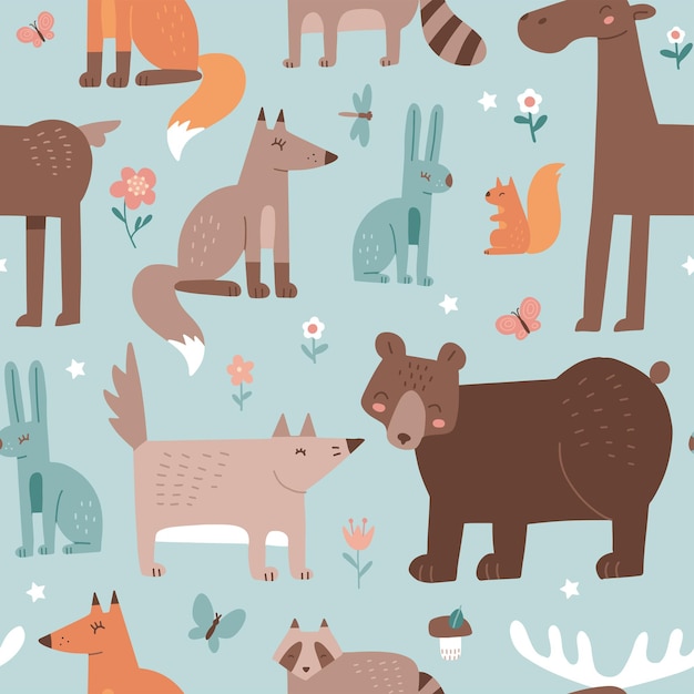 Forest seamless pattern with cute animals fox moose bear rabbit wolf and squirrel vector flat hand