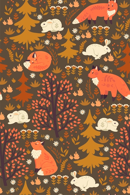 Vector forest seamless pattern with foxes and hares.