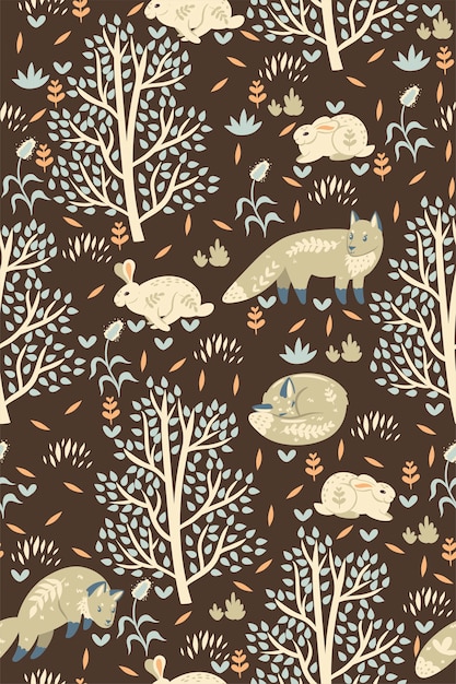 Forest seamless pattern with foxes and hares.