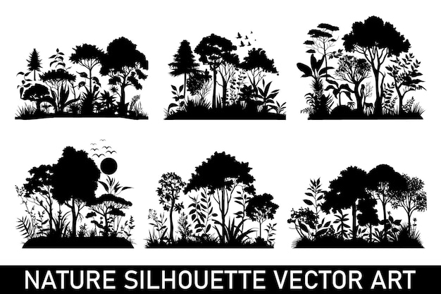 Vettore fascio di illustrazione della silhouette della foresta fascio di clipart della silhouette della foresta design della silhouette della natura