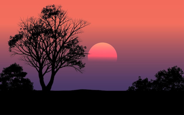 Vector forest sunset landscape in silhouette