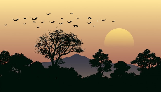 Paesaggio di tramonto della foresta con uccelli in volo