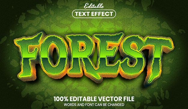 Vettore testo della foresta, effetto testo modificabile in stile carattere font