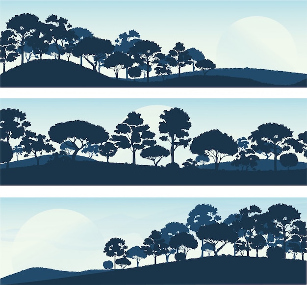 Vector forest trees silhouettes, forest landscape template banner