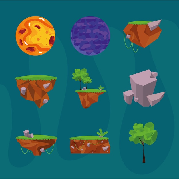 Vector forest videogame elements set