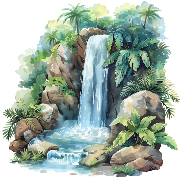 Vettore illustrazione vettoriale di cascata forestale in stile acquerello