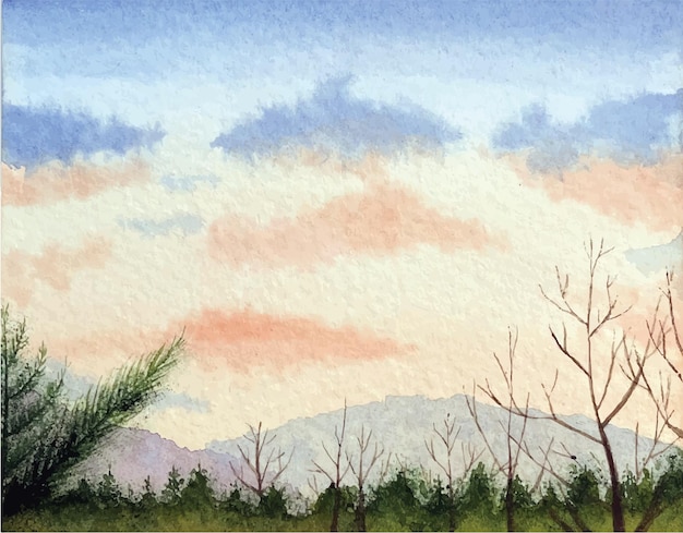 Vector forest with mountains landscape in watercolor