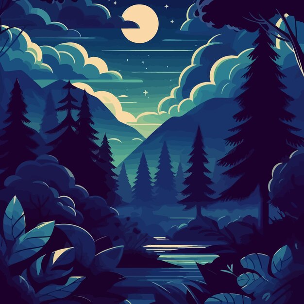 a forest with a river and the moon in the sky