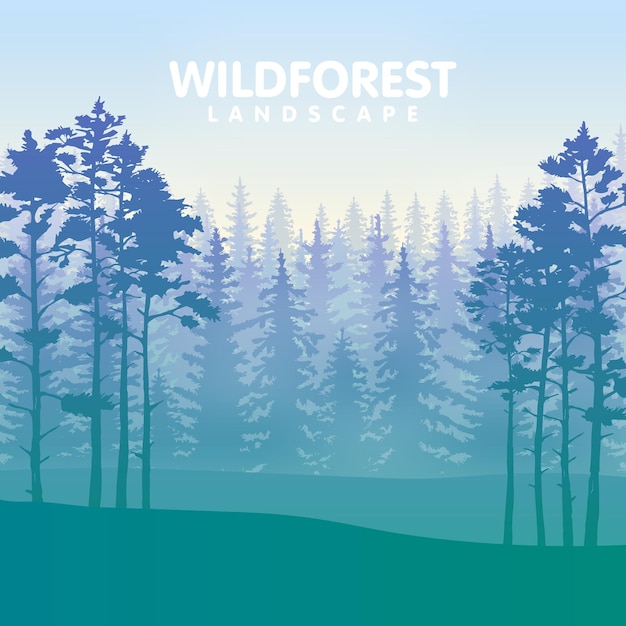 The forest with the rows of the evergreen trees in blue and green colors. Vector illustration.