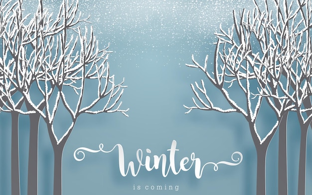Foresta con neve nell'arte della carta della stagione natalizia e invernale e in stile artigianale digitale.