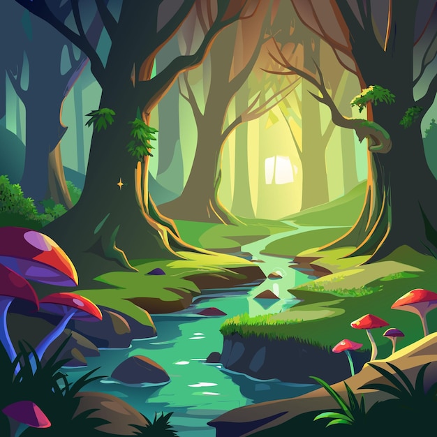 a forest with a stream and a forest with a stream running through it