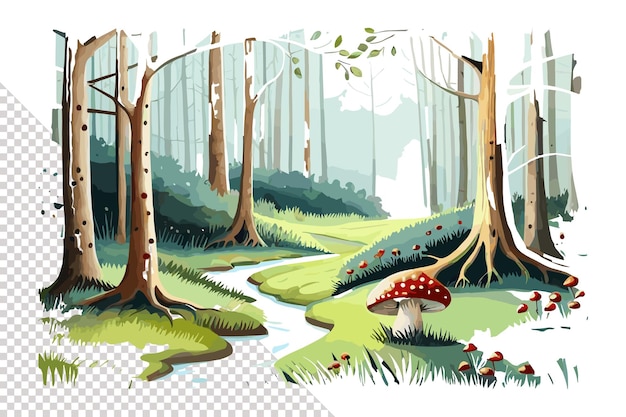 A forest with a stream and a mushroom