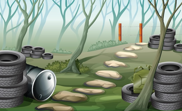 A forest with tires