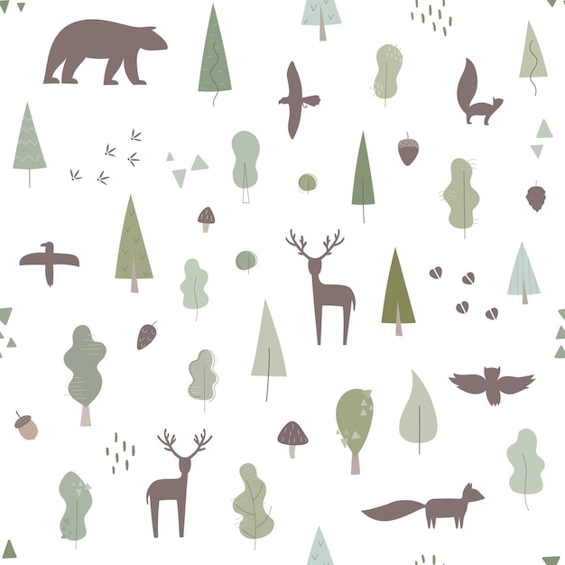 Лес с дикими животными бесшовный узор для текстильного кемпинга веб-дизайн обертывания Векторная иллюстрация