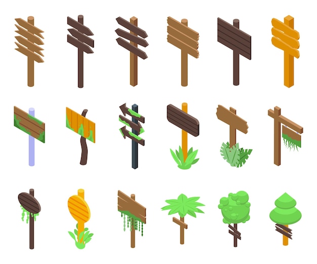 Forest wooden signboard icons set isometric vector Wood sign Frame tropical panel