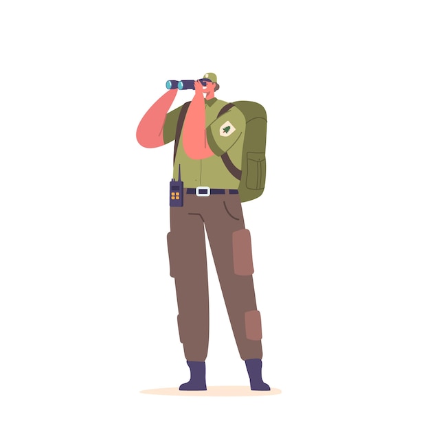 Carattere del guardia forestale che tiene il binocolo che scansiona la foresta sorvegliando la fauna selvatica e i potenziali pericoli