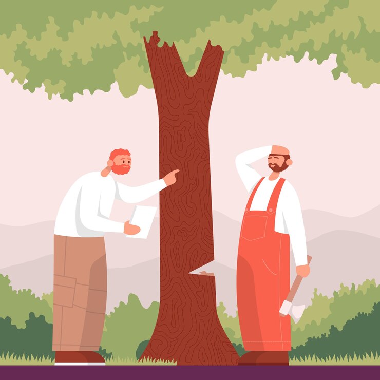 Vector forester scolds a tourist for cutting a tree concept for protection nature color cartoon flat