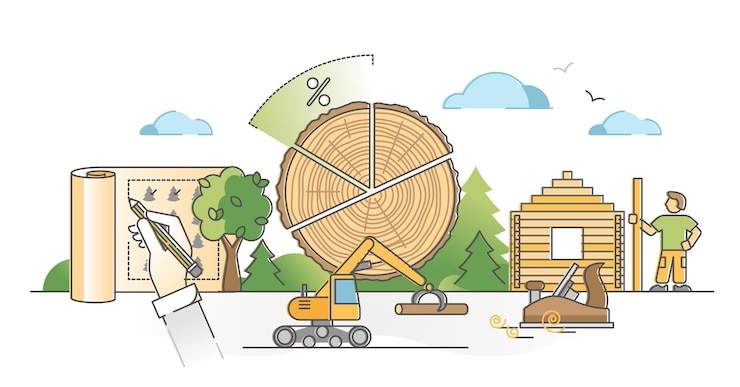 Vector forestry resources as forest tree wood material cutting outline concept. carpentry planks production with deforestation and clearing plan for export vector illustration. raw timber lumber for building