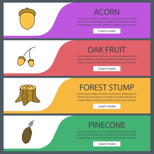 Набор шаблонов веб-баннеров лесного хозяйства. дуб плодовый, пень, шишка. элементы цветного меню веб-сайта. концепции дизайна векторных заголовков
