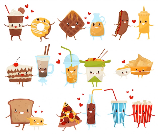 Forever friends set, cute funny food and drinks cartoon\
characters, fast food menu illustration on a white background