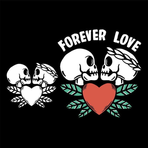 Illustrazione disegnata a mano dello scheletro del cranio delle coppie di amore per sempre