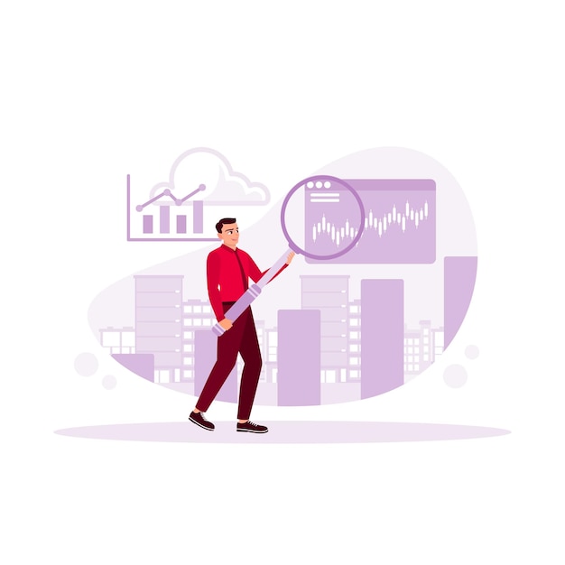 FOREX chart and chart concept A businessman uses a magnifier to look at financial graphs