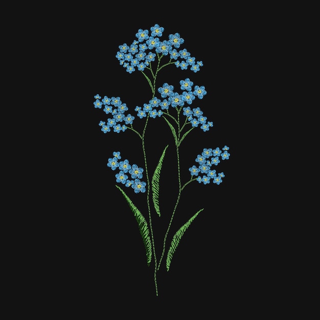 Forget-me-not flower embroidered with blue and green threads on black background. elegant embroidery design with wild flowering herbaceous plant. handiwork or handicraft. colorful illustration.