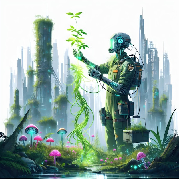 Vector forgotten city an illustration isolated on a white background featuring a robotic botanist