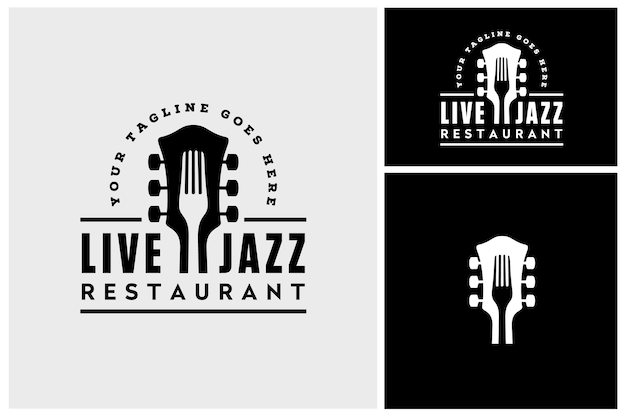 Vettore concerto di musica dal vivo con chitarra a forcella per bar cafe restaurant pub nightclub design del logo vintage label
