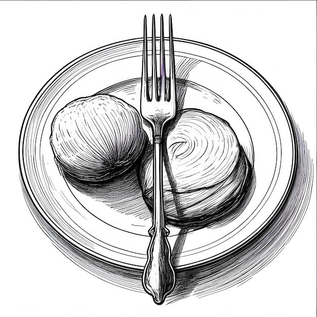 Fork ink sketch drawing black and white engraving style vector illustration