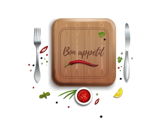 Vector fork, knife and cutting board. lettering - bon appetit.