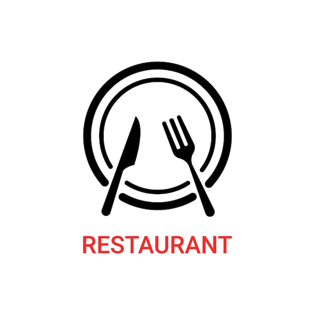 Forchetta e coltello sul piatto come ristorante logo concetto di attrezzatura per il pranzo e il brunch o il servizio di catering astratto piatto logo grafico design semplice elemento distintivo web isolato su sfondo bianco