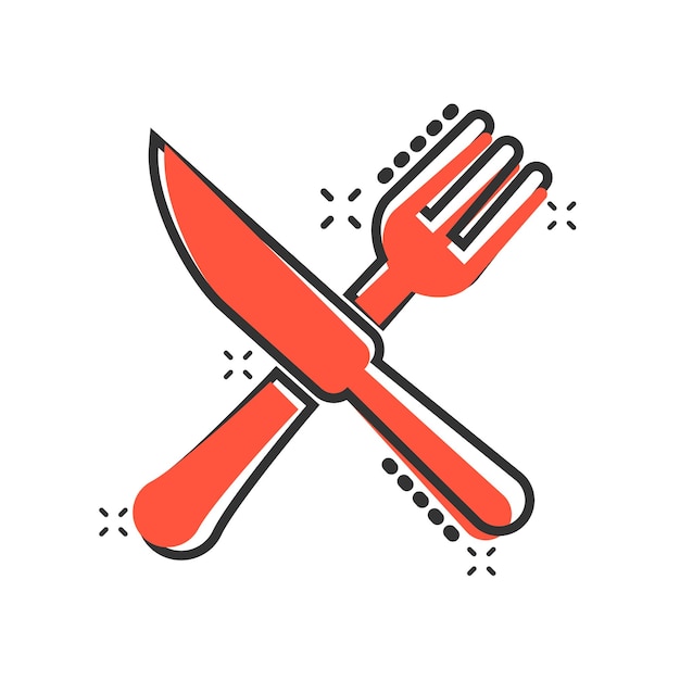 Fork and knife restaurant icon in comic style Dinner equipment vector cartoon illustration pictogram Restaurant business concept splash effect