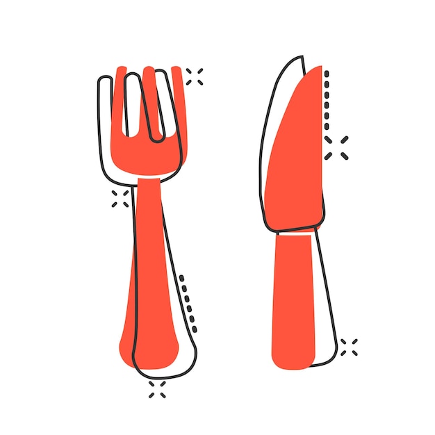 Vector fork and knife restaurant icon in comic style dinner equipment vector cartoon illustration pictogram splash effect