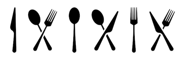 Fork spoon and knife flat black vector icons. Cutlery silhouette