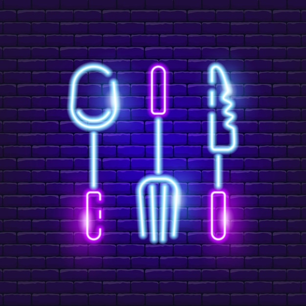 Vector fork spoon and knife neon icon glowing vector illustration icon for mobile web and menu design serving concept